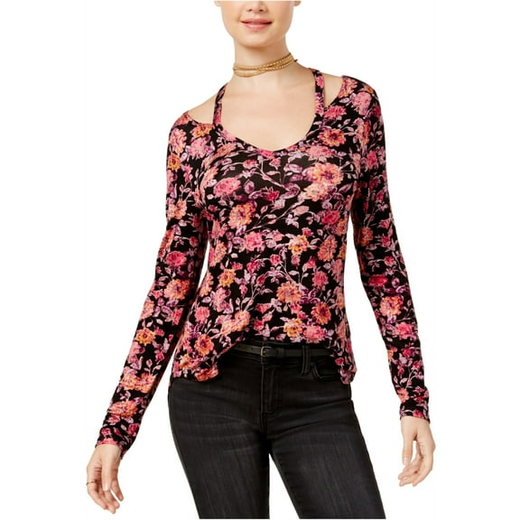 Ultra Flirt Womens Printed Cutout-Neck Graphic T-Shirt, Black, Small