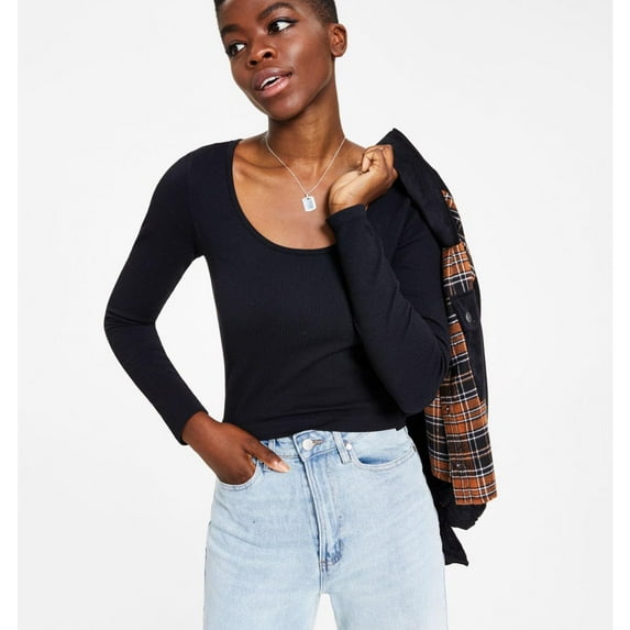 Ultra Flirt Womens Seamless Scoop Neck Cropped Henley Shirt, Black, Juniors, Medium