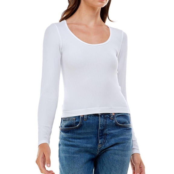 Ultra Flirt Womens Seamless Scoop Neck Cropped Henley Shirt, White, Juniors, Large