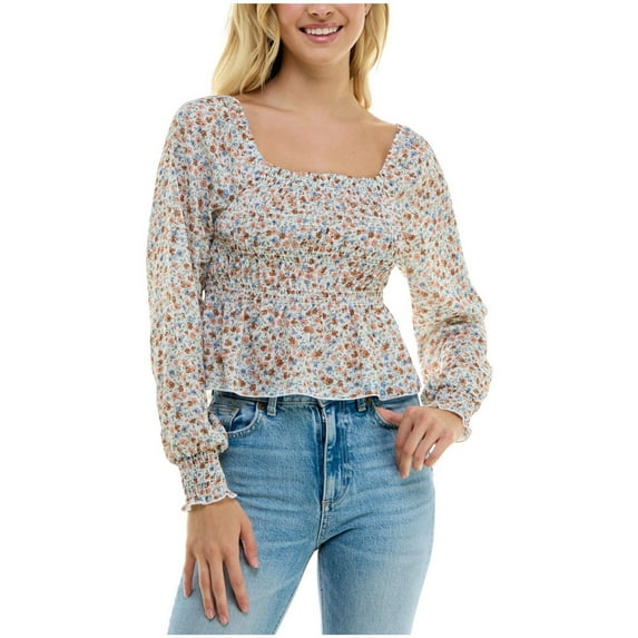 Ultra Flirt Womens Smocked Peplum Baby Doll Blouse, Multicoloured, Juniors, Large