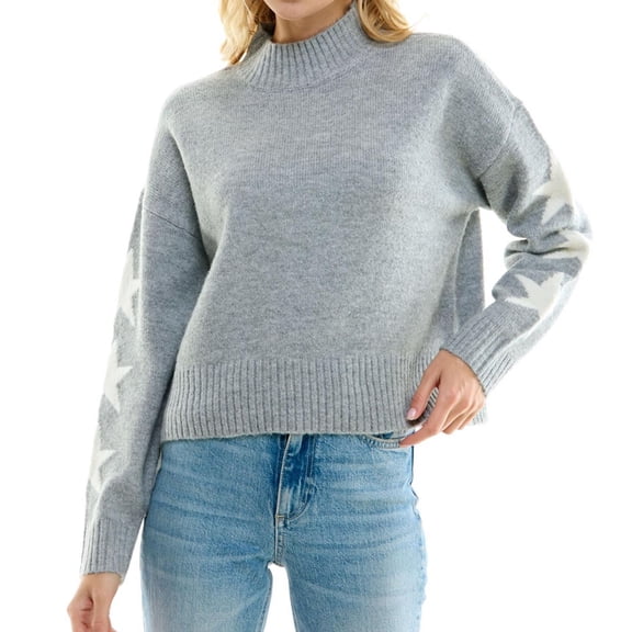 Ultra Flirt Womens Stars Mock Turtleneck Knit Sweater, Grey, Juniors, X-Large