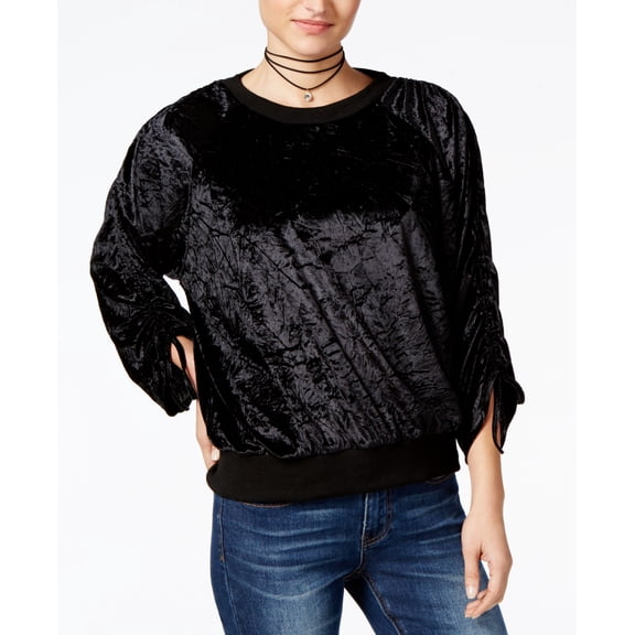 Ultra Flirt Womens Velvet Ruched Crewneck Sweater Black L