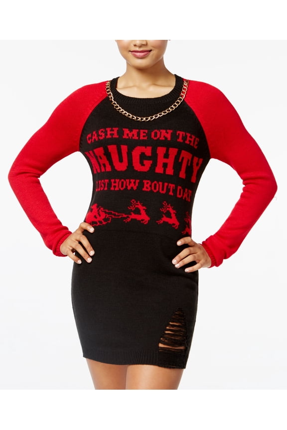 by Ikeddi Juniors' Distressed Holiday Sweater Dress (Black Red, S)