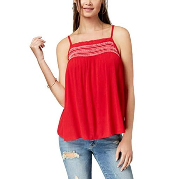 Ultra Flirt by Ikeddi Juniors' Embroidered Smocked Tank Top (Red, M)
