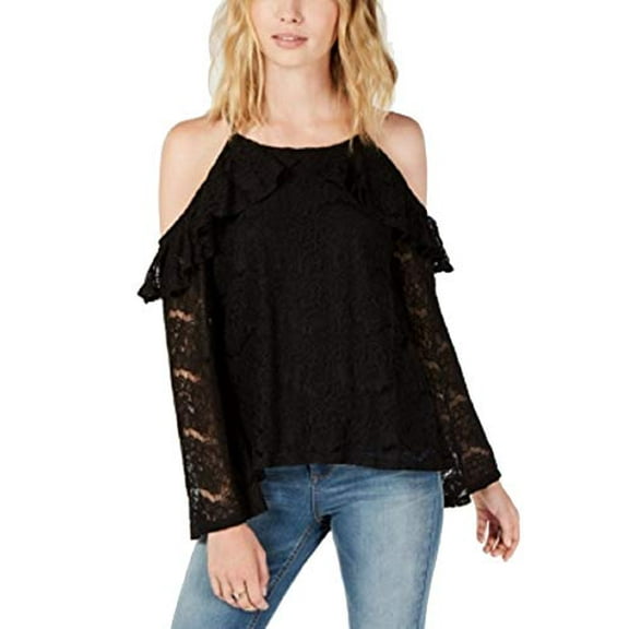Ultra Flirt by Ikeddi Juniors' Lace Cold-Shoulder Top (Black, L)