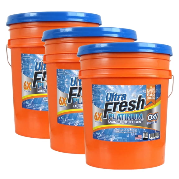 Ultra Fresh 3 Pack 6X Platinum Laundry Detergent, Up to 640 Loads, Bleach Alt, 5 Gallon