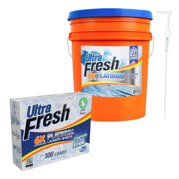 Ultra Fresh 6X Platinum 5 Gal Laundry Detergent & Platinum 6X Laundry Sheets, Scent Free