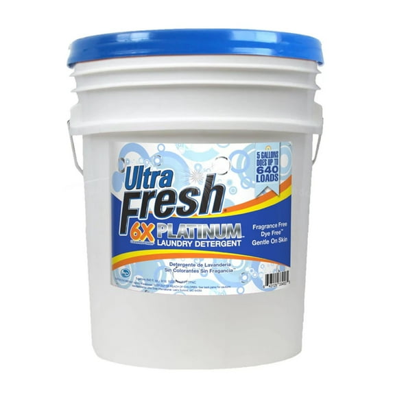 Ultra Fresh 6X Platinum Laundry Detergent, 640 Loads, Fragrance Free + Dye Free, 5 Gallon