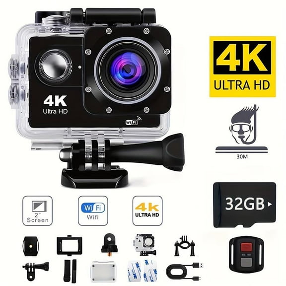 Ultra HD 4K Action Camera - 32G Memory Card, WiFi Enabled, 170 Wide Angle Lens, Remote Control, Helmet Mount Accessories Kit - Perfect for Beginners, Christmas, Festival, New Year's Gift
