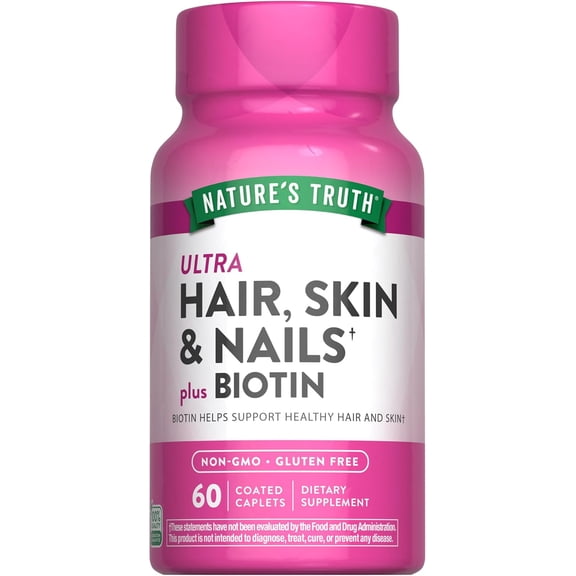 Ultra Hair Skin and Nails Vitamins | 60 Coated Caplets | With Biotin and Collagen | by Nature's Truth