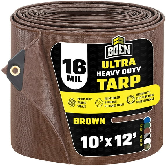 BOEN Ultra Heavy-Duty Tarp, 10 ft x 12 ft, 16 Mil Thick, Brown, Waterproof