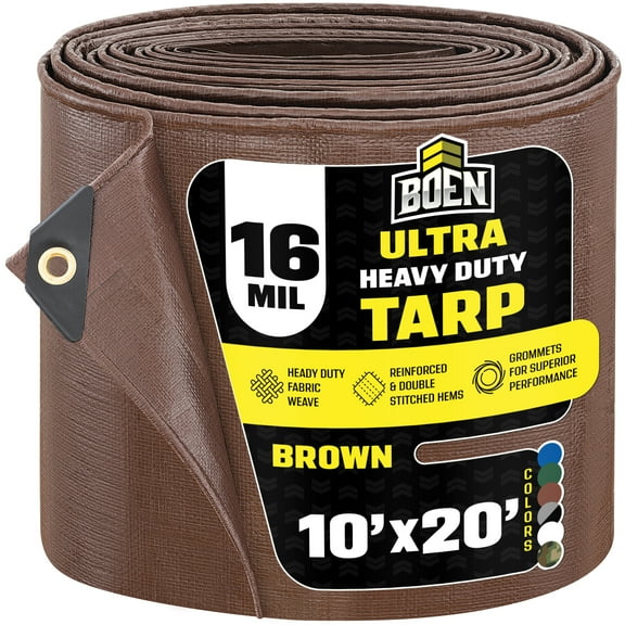 BOEN Ultra Heavy-Duty Tarp, 10 ft x 20 ft, 16 Mil Thick, Brown, Waterproof