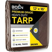 Boen Brown Large Ultra Heavy Duty Tarp 12 ft x 16 ft, 16 Mil Thick, Rust-Proof Grommets Every 18 in, Waterproof and Tear-Resistant