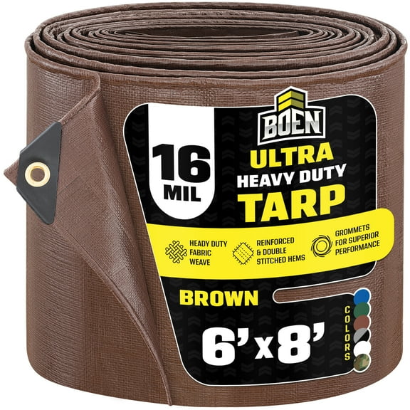 BOEN Ultra Heavy-Duty Tarp, 6 ft x 8 ft, 16 Mil Thick, Brown, Waterproof