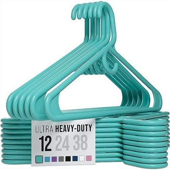 Ultra Heavy Duty Plastic Clothes Hangers - Aqua - Durable Coat, Suit and Clothes Hanger. Perchas De Ropa (12 Pack - Aqua)