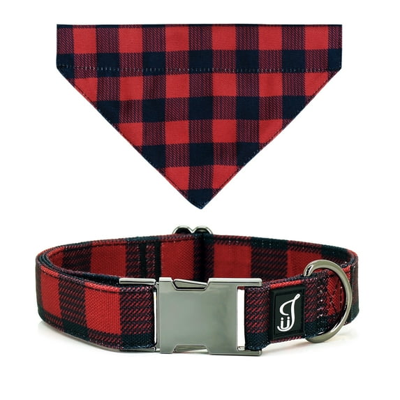 Ultra Joys Bandana Dog Collars - Dog Bandana and Collar with Comfortable Cotton Fabric & Metal Buckle in Buffalo Check Design - Large Size Dog Fancy Collar with Bandana