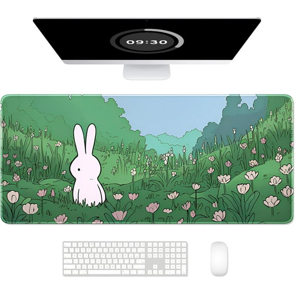 Ultra Large Gaming Mousepad, XXL Extended Full Size Desktop Matt for Keyboard, Laptop & Computer, 35.5 x 15.7 in, Anime Bunny Green Grass