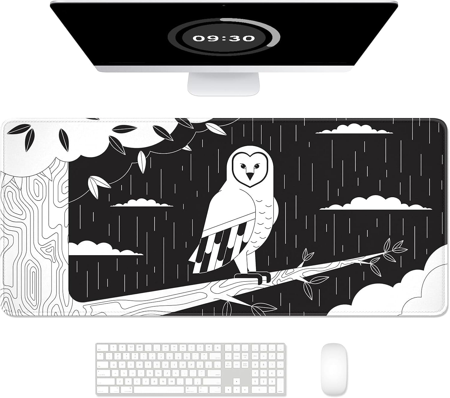 Ultra Large Gaming Mousepad, XXL Extended Full Size Desktop Matt for Keyboard, Laptop & Computer, 35.5 x 15.7 in, Gothic Black White Owl
