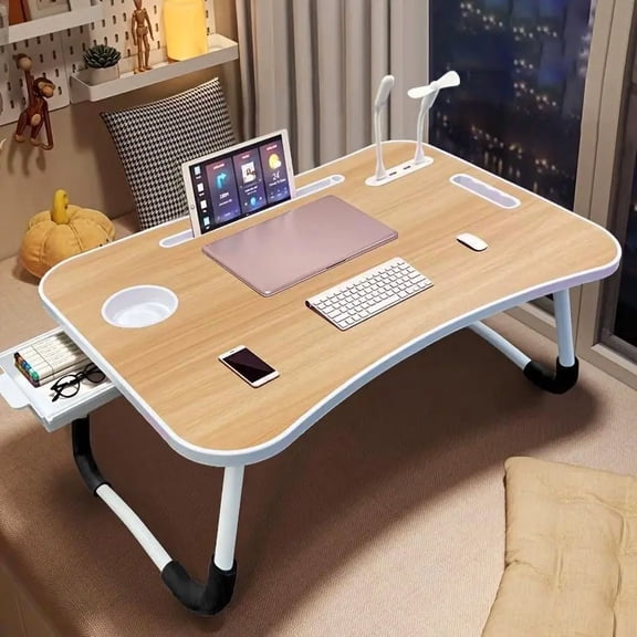 Ultra Large Portable Laptop Bed Table - Multi functional tray holder with cup holder and drawer, USB, fan, and light - Perfect for eating, reading, and writing on beds, sofas, floors - Stable, duMade