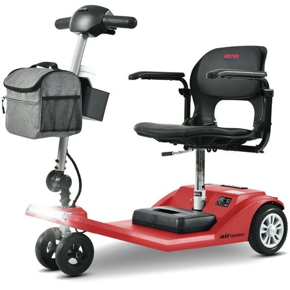 Ultra Light Mobility Scooter for Seniors and Adults Carry-On Luggage 4 Wheels Lithium Battery Power Wheel Chair with Headlight & Brake Light USB Charging Aluminum Frame, RED
