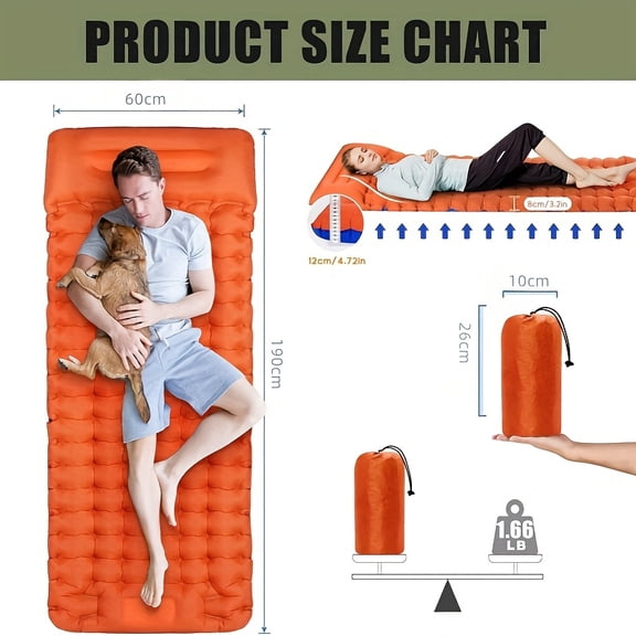Ultra-Light Nylon TPU Self-Inflating Sleeping Mat for One Or Two People, Featuring a Built-In Pump And Design, Ideal for Camping, Hiking, And Travel. Available in Orange And Blue, Perfect for Picnics