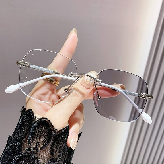 Ultra Light Rimless Bling Photochromic Gray Square Frameless Silver Reading Glasses 2.75 for Women Blue Light Blocking Readers +2.75 UV