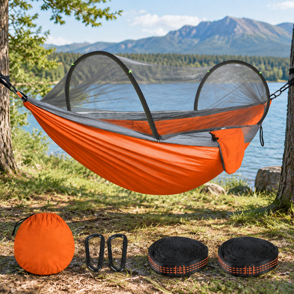 Ultra-Light Travel Camping Hammock Pop-up Net Hammock 660lbs Load Capacity, Breathable, Quick-Drying Parachute Nylon, 2 Premium Carabiners, 2 Tree Slings Included for Outdoor Backpacking Hiking