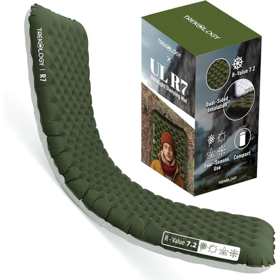 Ultra-Lightweight 4-Inch Thick All-Season Camping Sleeping Pad with 7.2 R-Value Compact, Waterproof, and Insulated Green/Gray