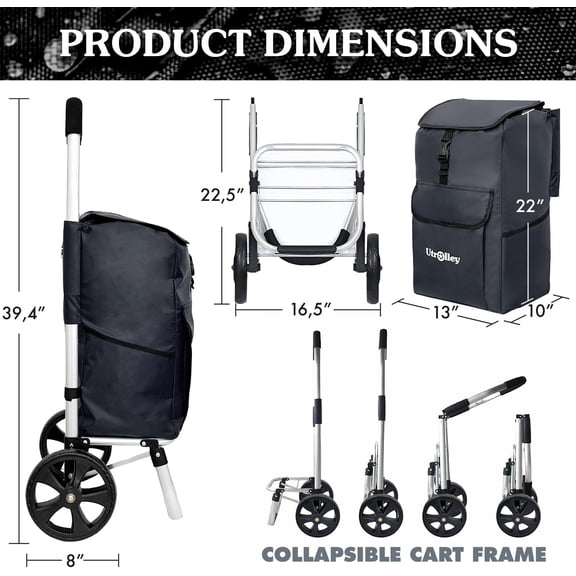 Ultra-Lightweight Black Foldable Shopping Cart for Groceries Large 42L Capacity Rubber Wheels, Removable Insulated Bag Liner,  Aluminum Frame, Multi-Function Personal Hand Truck