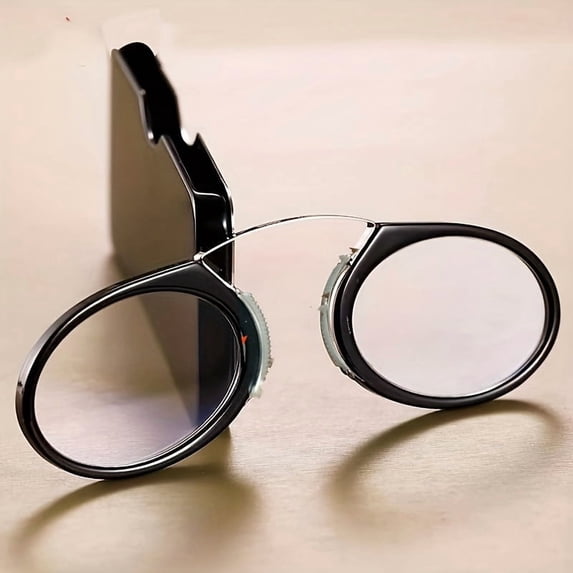 Ultra-Lightweight Clip-On Nose Reading Glasses for Men & Women - Sleek Black Round Frame, Metal Hinges with Protective Case, Perfect for Reading & Close-Up Tasks, Foldable Style, Ideal Gift