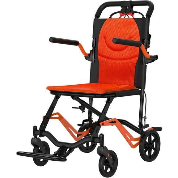 Ultra Lightweight Elderly Transport Wheelchair Portable Lightweight Folding Transport Chair, Removable Flip Armrests, with Locking Handbrake, Swinging Footrests, Supports 220 lbs