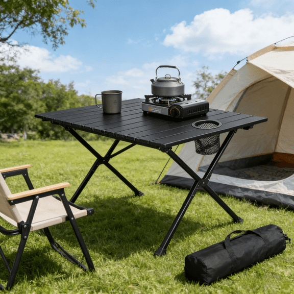 Ultra Lightweight Folding Camping Table, Portable Side Table with Drink Holders Carry Bag No-Tool Setup 18.5in Square Height-Adjustable Legs for Outdoor Picnic BBQ Tailgating Beach Fishing Backyard