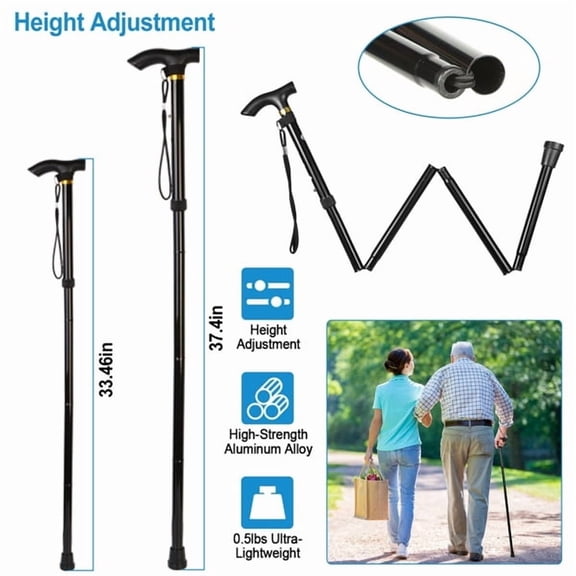 Ultra-Lightweight Folding Walking Cane - Adjustable 33-37.4in Height, Ergonomic Handle & Anti-Slip TPR Tip for Seniors, Travel, Hiking - Black