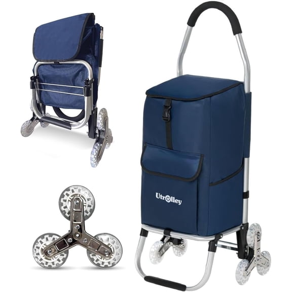 Ultra-Lightweight Stair Climber Cart for Groceries & Laundry, Durable 6-Wheel Folding Shopping Cart with Insulated Bag, Blue
