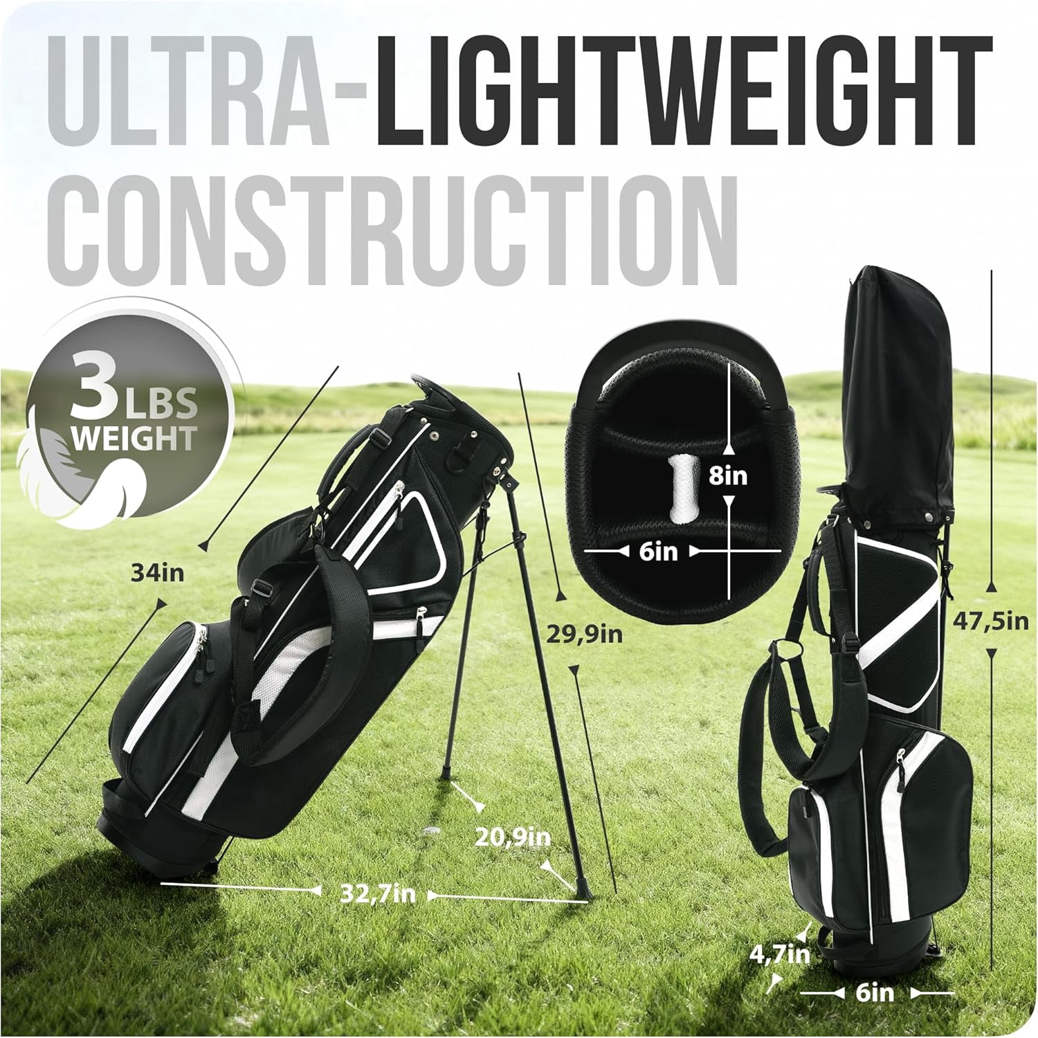 Ultra-Lite Golf Stand Bag - 3 Lbs, 4 Way Divider Portable Carry Case with Rain Hood for Men Women