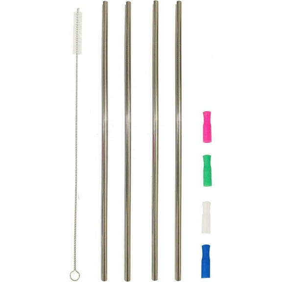 12" Metal Straws, 4pcs Stainless Steel Drinking Straws with Silicone Tips