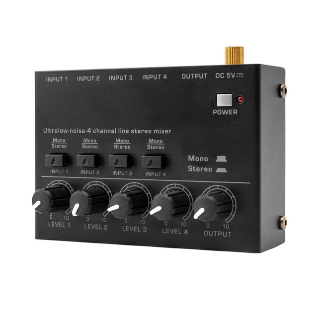 Ultra Low Noise 4 Channel Line Stereo Mixer 4 Input 1 Output DC 5V Portable Mini Audio Mixer Microphone Guitar Bass Keyboard Mixers for Bar Stage Studio