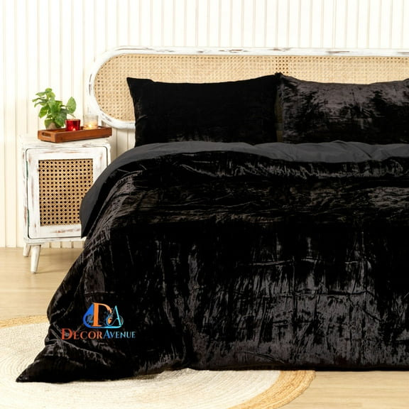 Ultra-Luxe DecorAvenue Black Crushed Rayon Velvet Duvet Cover 3 Pcs Set Queen Size Luxury Soft Flannel Bedding Comforter Cover Set with Zip Closure, Twin Size 68" x 90" Inches