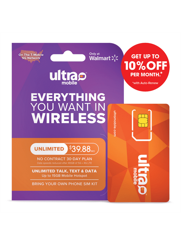 Ultra Mobile 30 Day Wireless Prepaid SIM Card Kit, 40GB Plan with 15GB Hotspot