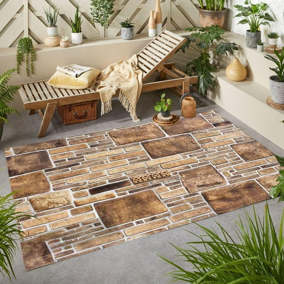 Ultra Modern 2'x3' Outdoor Rug Beige Stone Textured Pattern Contemporary Washable Area Rug for Balcony Backyard Deck Porch Garden Camping Patio Non Slip Waterproof Outside Carpet