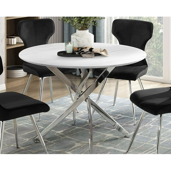 Ultra Modern Dining Furniture 1pc Round Faux Marble Top Dining Table Chrome Finish Metal Legs