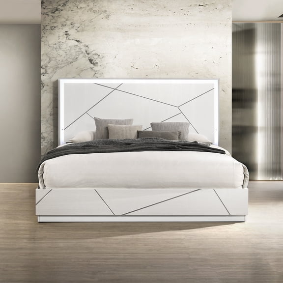 Ultra Modern White Finish Stylish Queen Bed w LED Light Embossed Lines Design Contempora