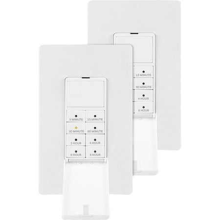 UltraPro, White Honeywell Wall Push-Button Timer Switch 2 Pack, 5-15-30 Minute/1-2-4-6-8 Hour Countdown, Neutral Wire Required, Single-Pole, Ideal for Exhaust Fans, Seasonal Lighting, 47939