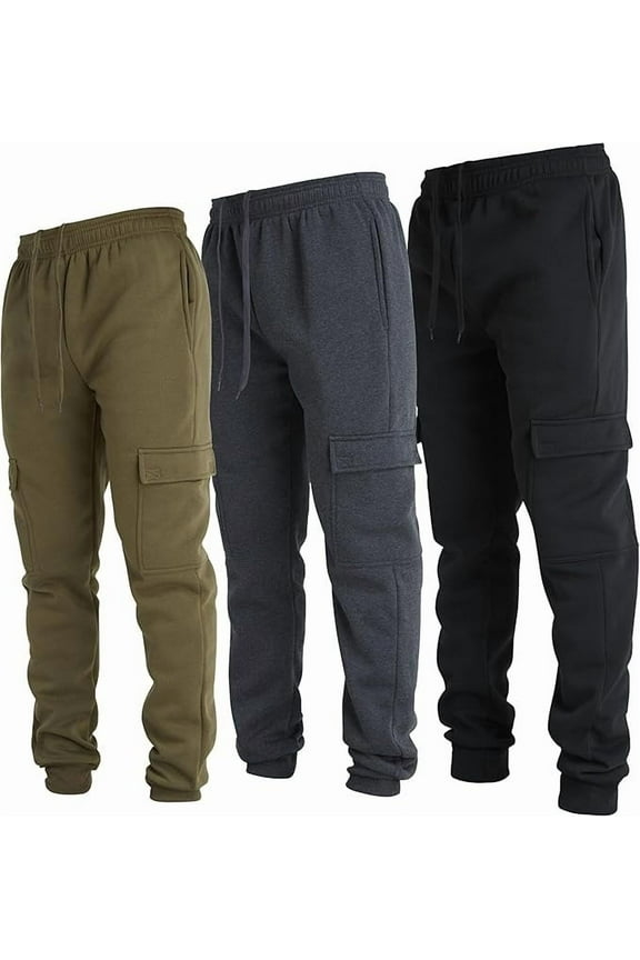 3 Pack Mens Sweatpants, Fleece Cargo Joggers for Men with Pockets