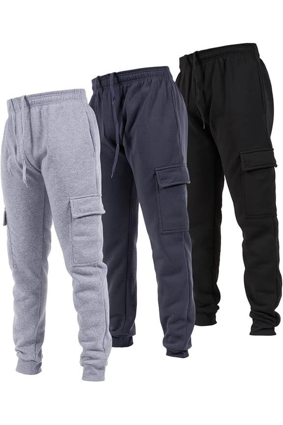 3 Pack Mens Sweatpants, Fleece Cargo Joggers for Men with Pockets