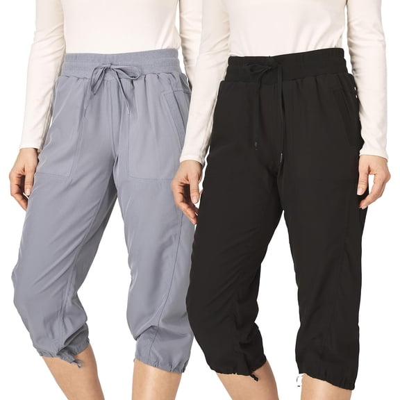 Ultra Performance Capri Cargo Pants Women, 2 Pack, Stretch Capris for Women Black, Heather Grey
