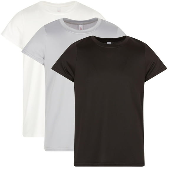 Ultra Performance Girl's Athletic Top's 3 Pack Girls Crewneck Short Sleeve Shirts Active Tees for Girl, Soccer & Sports T-Shirts for Teens Black/Grey/White