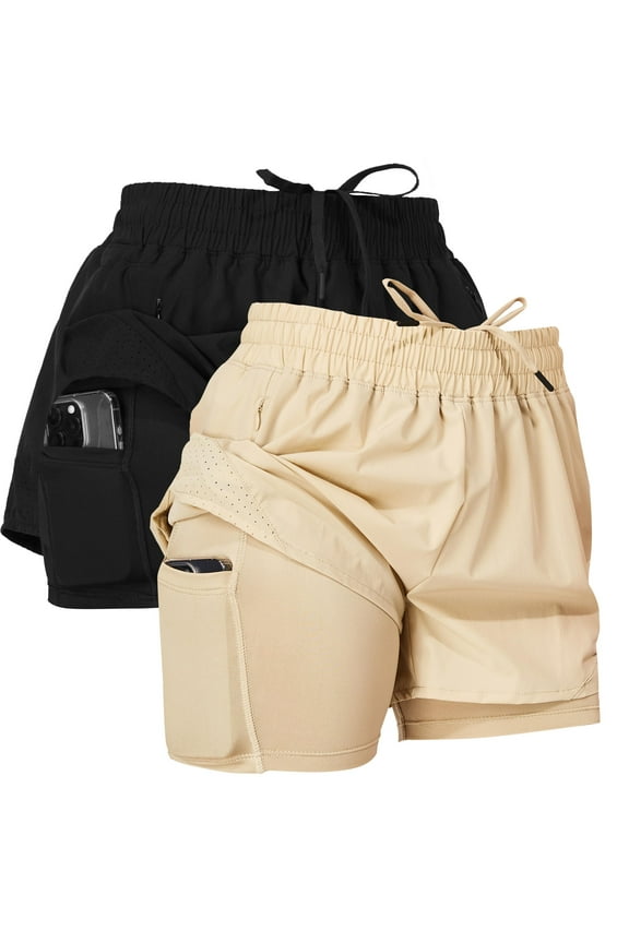 Gym Shorts Women Pack of 2, Nylon Compression Workout Shorts Women with Liner, 2X Black, Magenta