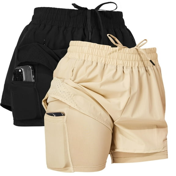 Ultra Performance Gym Shorts Women Pack of 2, Nylon Compression Workout Shorts Women with Liner, Small Tobacco, Chestnut