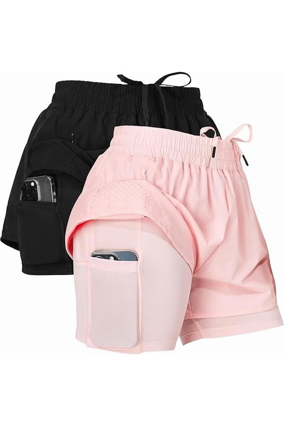 Gym Shorts Women Pack of 2, Nylon Compression Workout Shorts Women with Liner, X-Large Black, Pink